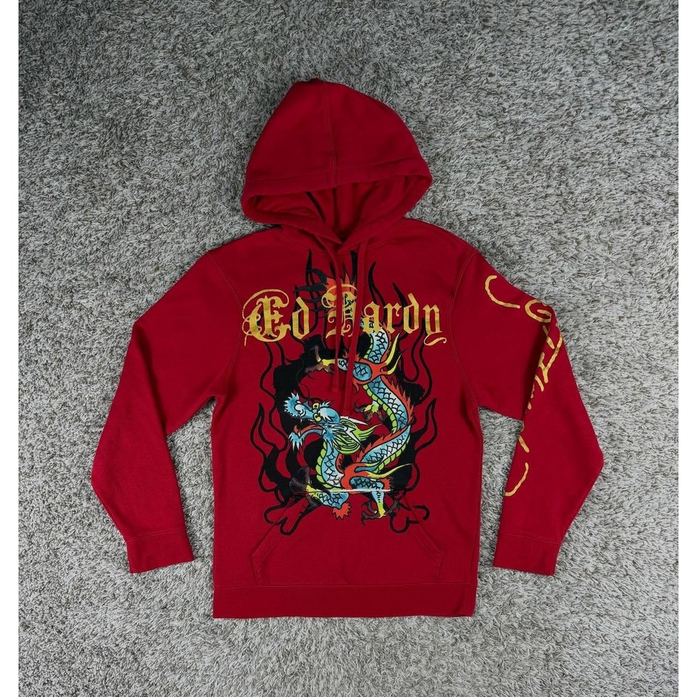 Ed Hardy Dragon Men's Hoodie Red Size S Skull Flames Graphic Pullover